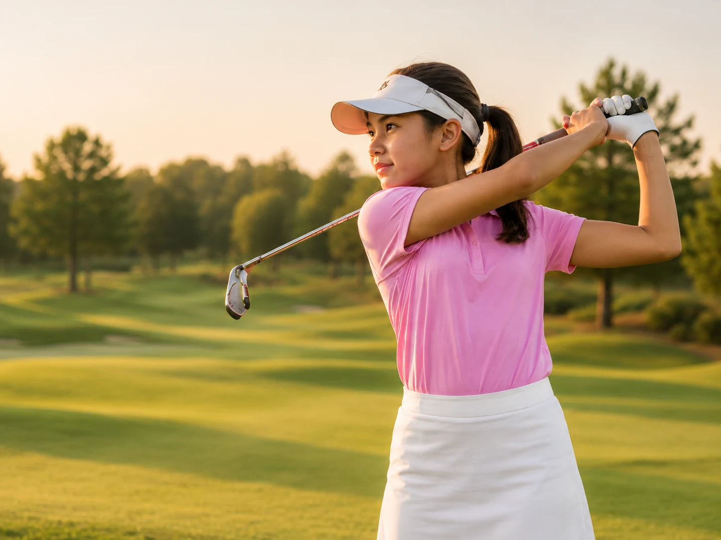 A girl actively playing or practicing her golf swing