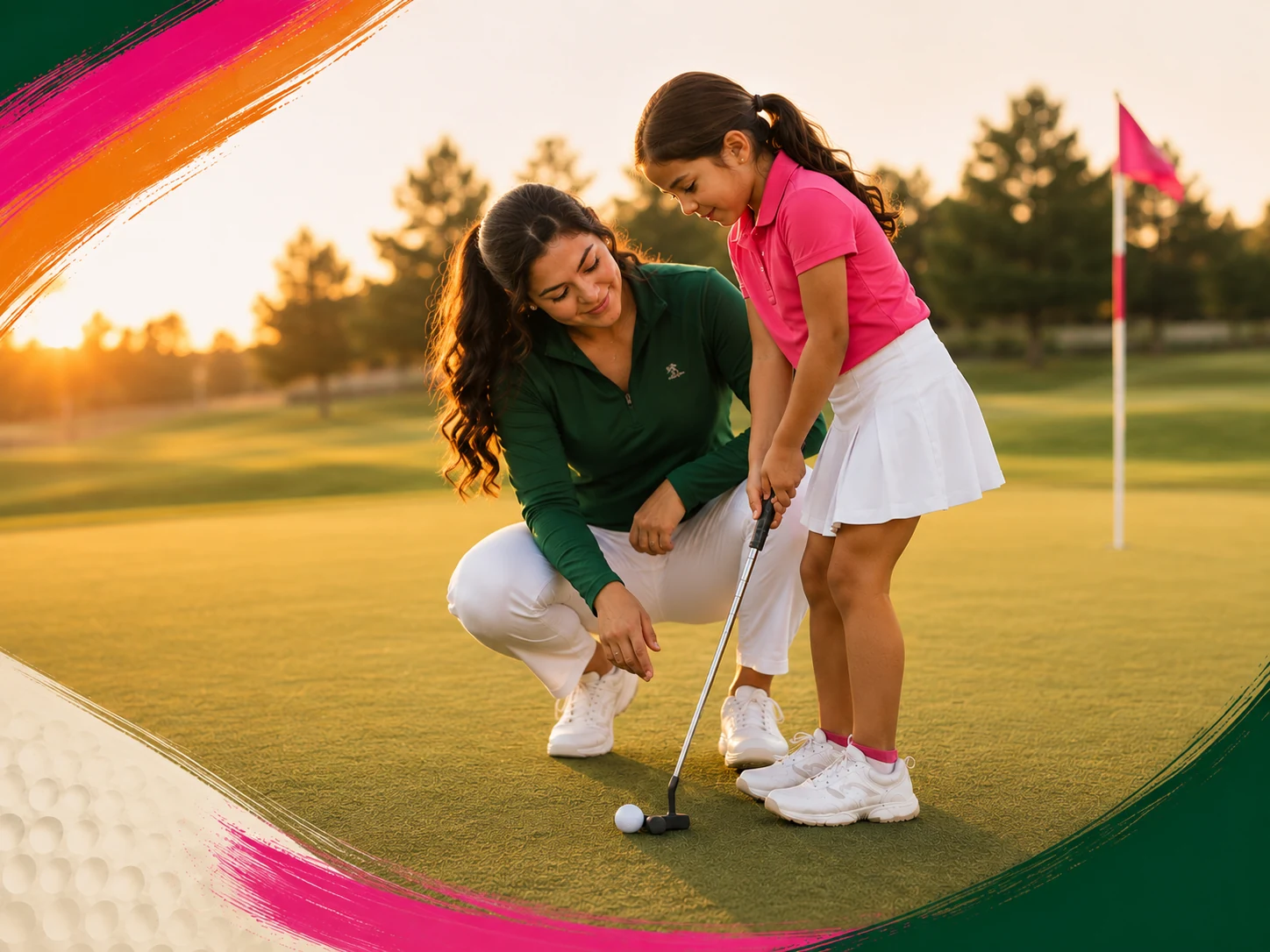 A mentor and girl kneeling together on the putting green